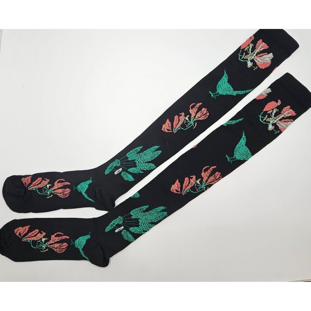 Womens Knee High Socks Black Floral Hummingbird Print Knit Long Socks L/XL
